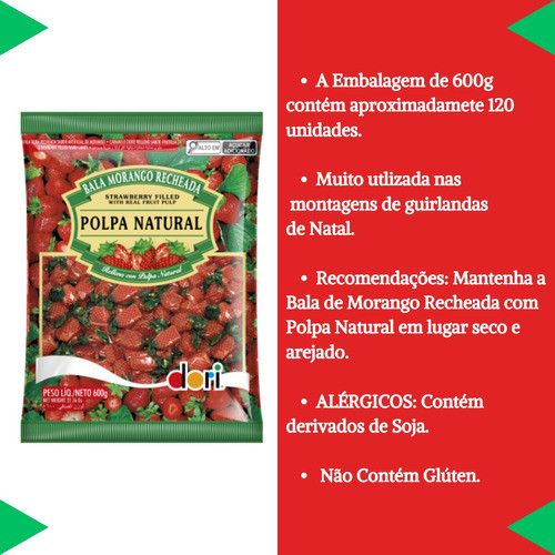 Bala Morango Recheada Polpa Natural 600g Dori 1