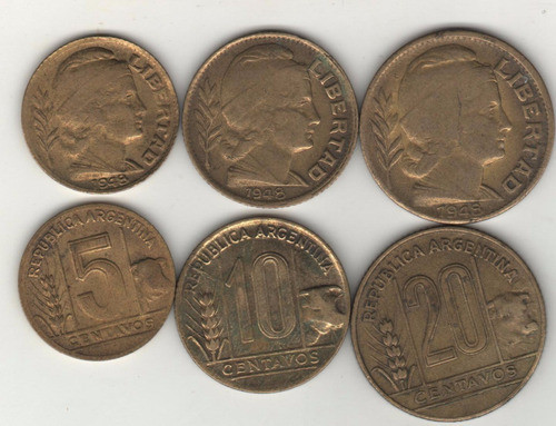 Argentina Toritos De 5, 10 Y 20 Centavos Año 1948 0
