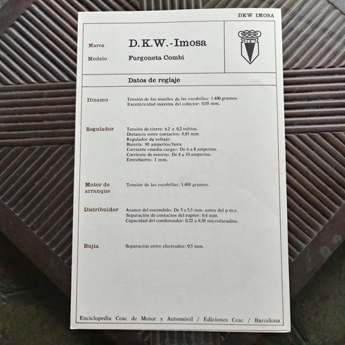 D.k.w. Imosa Furgoneta Combi Ficha Técnica Sistema Eléctrico 0