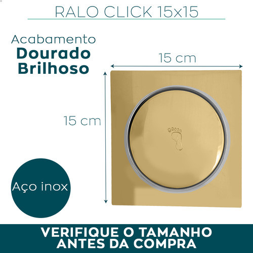 2 Ralo Click Tampa Dourada Banheiro 15x15 Aço Inox Kit 2un 1
