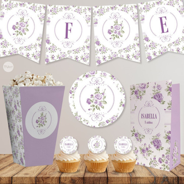 Kit Imprimible Shabby Chic Flores Violetas Candy Bar 1