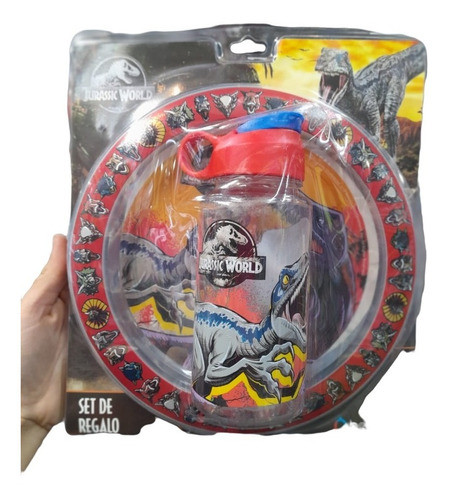Jurassic World Set Plato + Botella Straw Top Importado 0