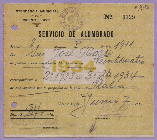 Antiguo Recibo De Alumbrado De Vicente López 0
