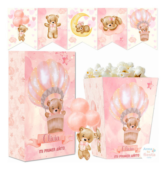 Kit Imprimible Osito Globo Aerostático Rosa Personalizado 0