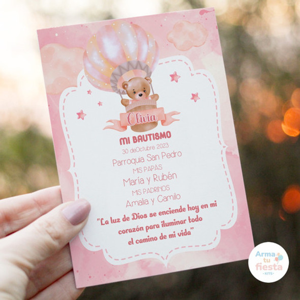 Kit Imprimible Osito Globo Aerostático Rosa Personalizado 1