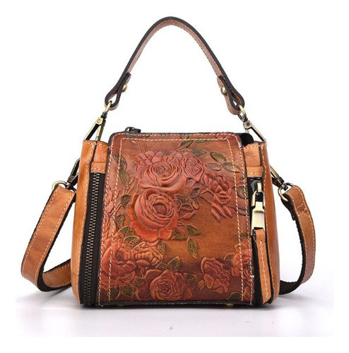 Bolsa De Ombro De Couro Vintage Com Flores Em Relevo Para Mu 0
