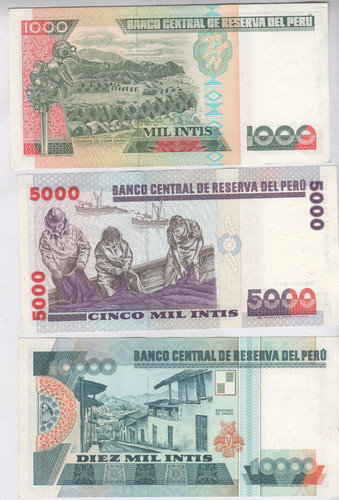 3 Billetes De Peru - 1000, 5000 Y 10000 - Intis Año 1988 1