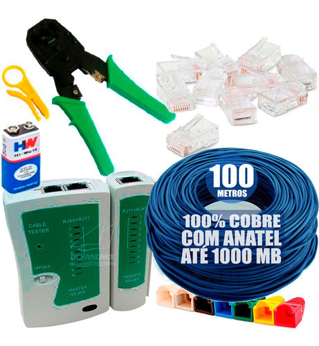 Kit 100m Cabo Rede Azul + Teste + Alicate + 50 Rj45 + 50capa 0