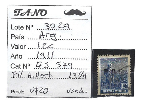 Lote3029 Argentina 12c. Gj#579 Ministerial D. 13 1/4 Fil.h.v 0