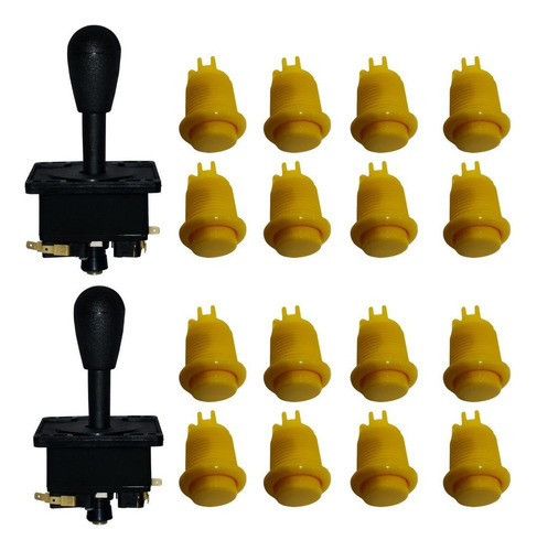 Kit Arcade 16 Botões Amarelos E 2 Comandos Pretos Fliperema 0