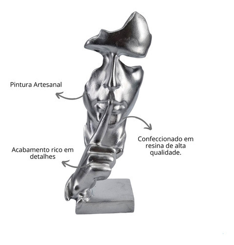 Estatueta Decorativa Face Silencio Prata Resina Abstrato 1