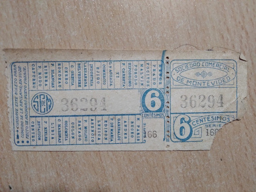 Boleto Tranvía Sociedad Comercial De Montevideo 6 Centesimos 0