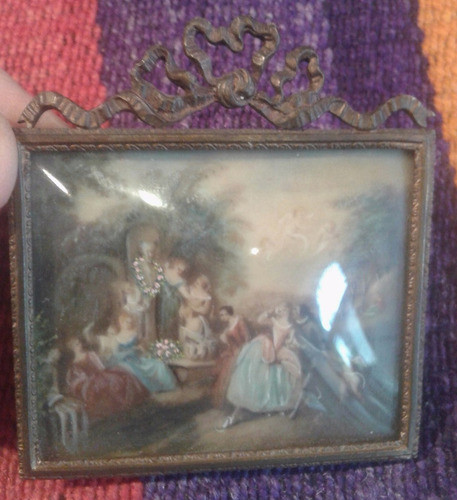 Antigua Pequeña Micro Pintura Oleo Escena Galante Frances 0