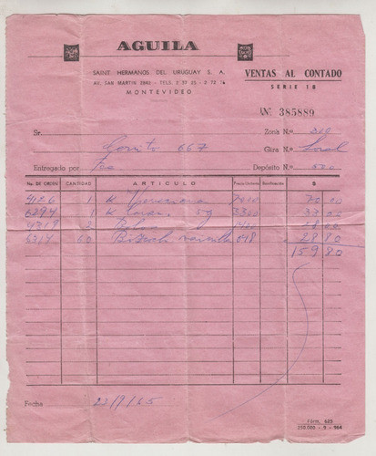 1989 Factura De Chocolates Aguila Saint Hnos Uruguay S.a. 0
