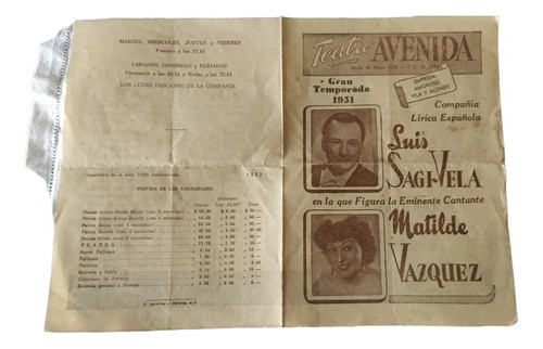 Antiguo Programa De Teatro Avenida Buenos Aires 1951 0