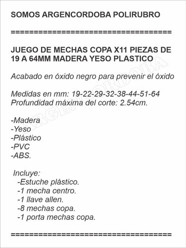 Juego De Mechas Copa X11 Piezas De 19 A 64mm Madera Yeso 1