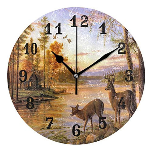 Auuxva Seulife Reloj De Pared Bosque Ciervo Árbol Río, Reloj 0