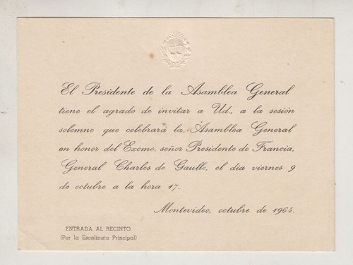 1964 Uruguay Visita De Charles De Gaulle Invitacion Homenaje 0