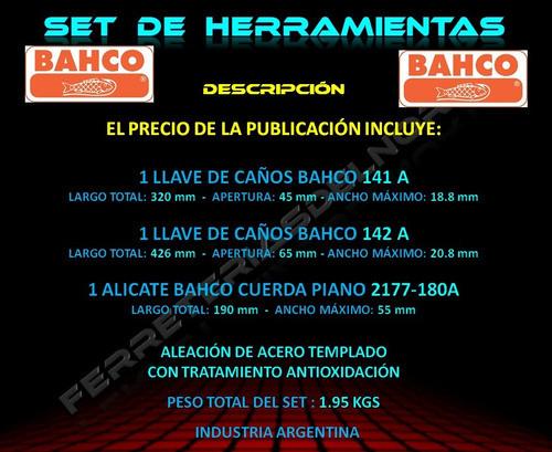 Bahco Llaves Caño 141 A +142 + Alicate 2177-180 A - Fdn Pp 1