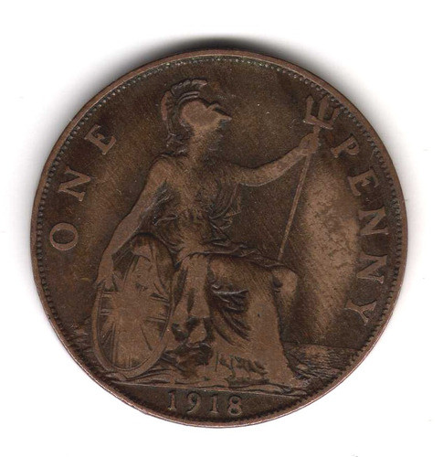 Moneda Inglaterra Gran Bretaña 1 Penny 1918 Km#810 Cobre 0