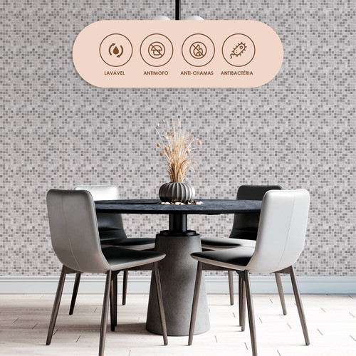 Papel Parede Lavável Pastilha Estilo Aço Cinza Cozinha 10m 1