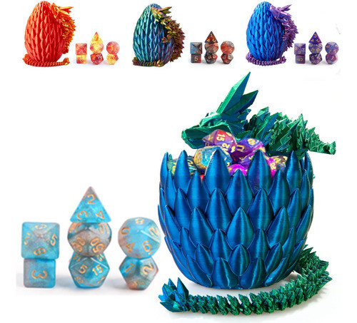 Juego De Dados Dnd + Huevo De Dragón Impreso En 3d Azul/verd 0