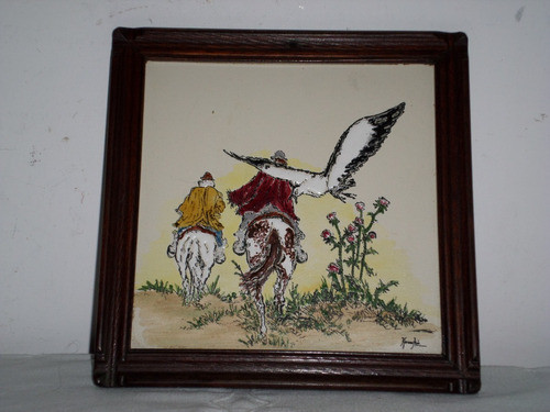 Antigua Mayolica Ceramica Enmarcada Firmada Hombre A Caballo 0