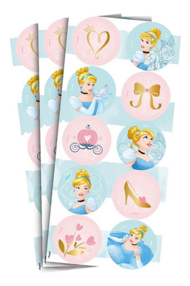 60 Adesivos Festa Cinderela - 6 Cartelas - 10 Adesivos Cada 1