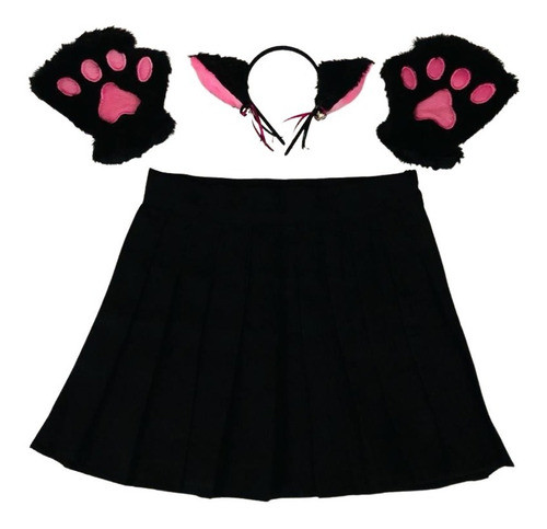 Saia Coleg. Preta Lisa + Tiara + Luva De Gato Preto E Rosa 0