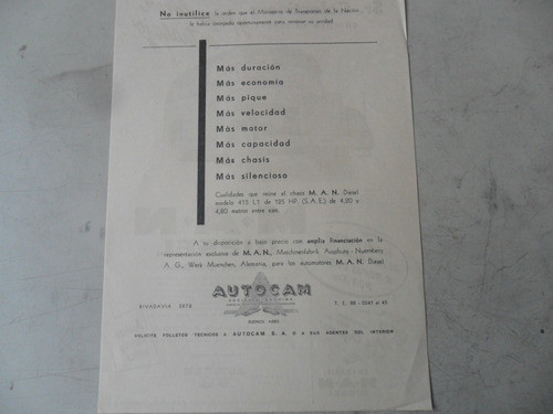 Folleto Man M.a.n Antiguo Colectivo Diesel Bondi 415 1958 1