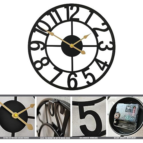 Reloj Pared Metal Retro Números Arábigos Grandes 35 Cm Negro 1