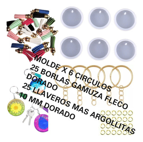Molde Silicona 6 Círculos +25 Borlas +llavero Dorado Resina 1