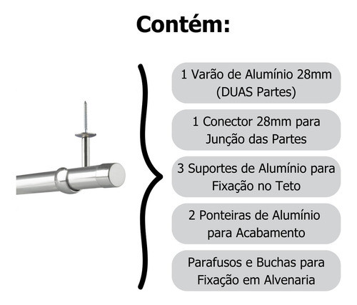 Kit Teto 100% Alumínio Varão Cortina 28mm 3,5m Várias Cores 1