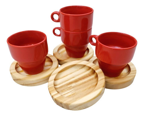 Jogo Pires Madeira Para Xícara Cafe Expresso 90ml - 08 Peças 0
