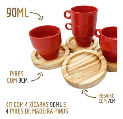 Jogo Pires Madeira Para Xícara Cafe Expresso 90ml - 08 Peças 1