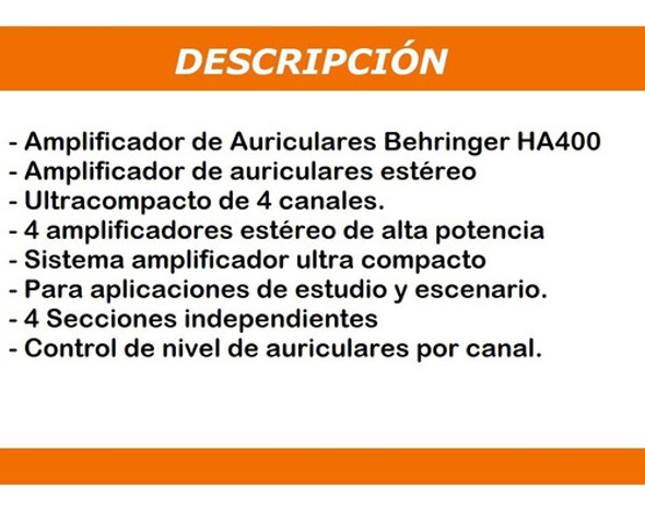 Amplificador De Auriculares 4 Canales Behringer Ha400 Micro 1