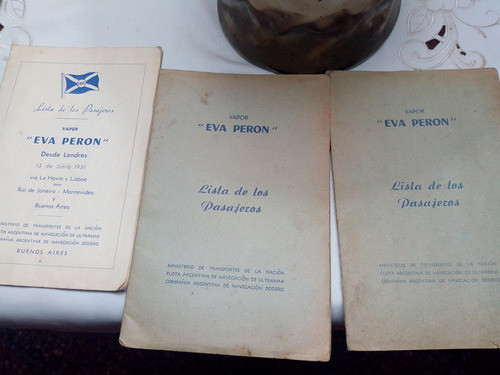 3 Cartillas Con Lista De Pasajeros Del Vapor Eva Perón. 1951 0