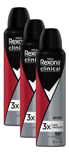 Kit 3 Desodorante Rexona Clinical Proteção Sport 150ml 0
