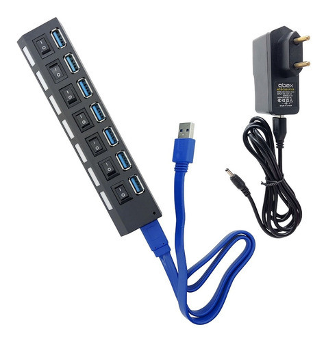 Hub Usb 3.0 Hi-speed 7 Portas Com Fonte + Cabo Dados 3 M 0