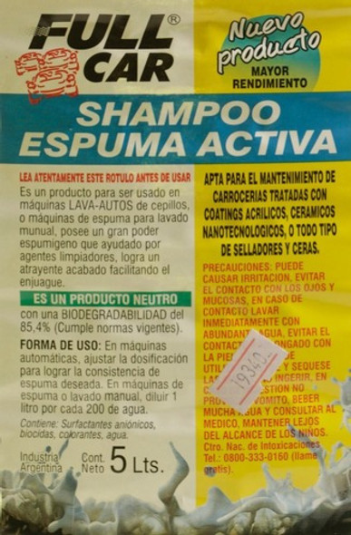 Shampoo Espuma Activa X 5lts Ph Neutro Full Car Concentrado 1