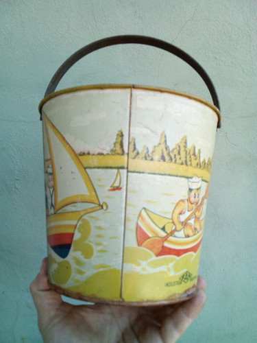 Antiguo Balde De Chapa Fam 1940 - 19cm Diam X 27,5cm Alto 1