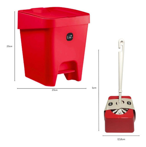 Lixeira 8l Com Pedal + Escova Sanitária C/ Suporte Vermelho 1