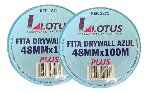 Kit 2 Fitas Drywall Azul 48mmx100m Fibra De Vidro Gesso Pl 0