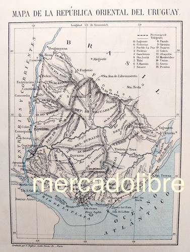 Antiguo Mapa 1884 Uruguay Telegrafo Ferrocarril Plano Carta 0