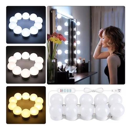 Luces Led Usb P/ Espejo Navidad 10 Focos Maquillaje Depósito 0
