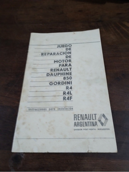 Viejo Manual Reparación Motor Renault Gordini 850 4 Dauphine 0