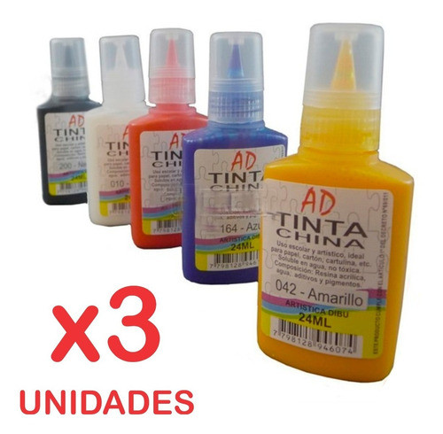 3 Tinta China Ad Colores No Toxica 24ml Soluble En Agua 0