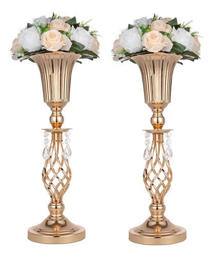 ~? 2 Piezas De Cristal Con Cuentas De Oro Trompeta Jarrón, E 0