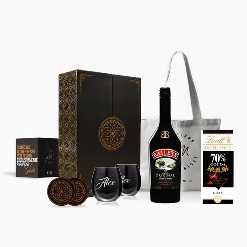 Box Licor Baileys Vasos Negros Grabados Chocolates Kit Set 0