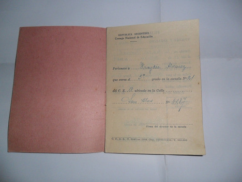 Cedula Escolar Libreta Califciaciones 1934 Consejo Educacion 1